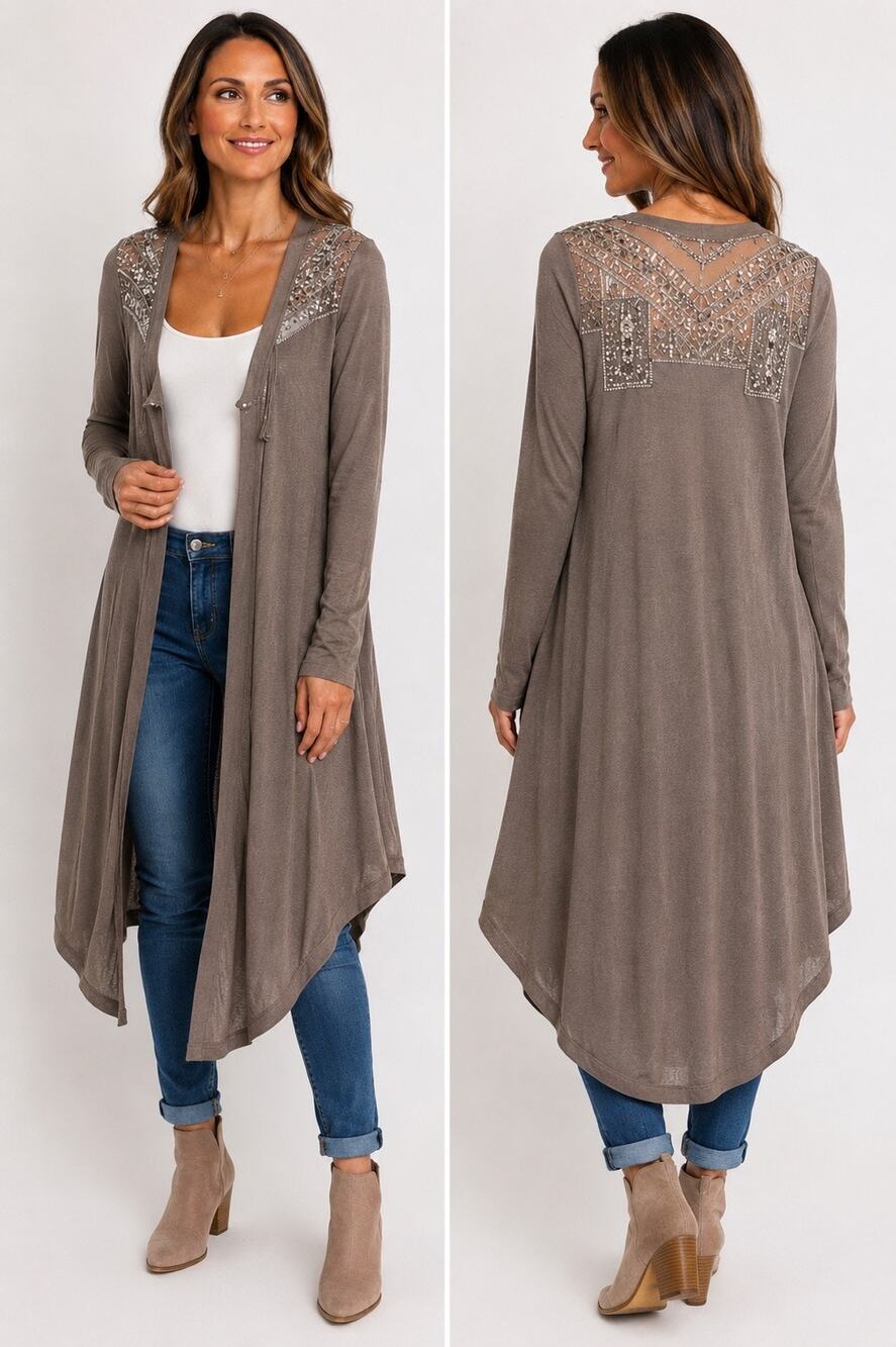 Lira Gray Embellished Mesh Yoke Open Front Long Duster Cardigan Size Medium